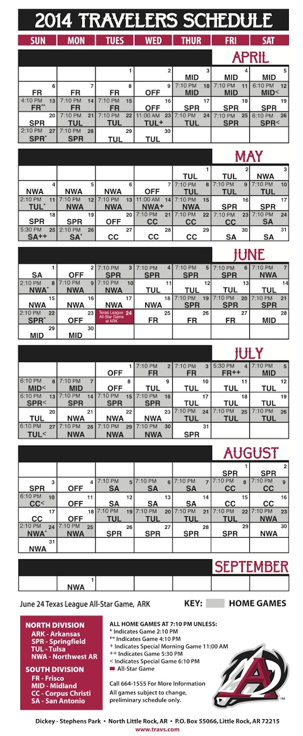 complete 2014 arkansas travelers baseball schedule